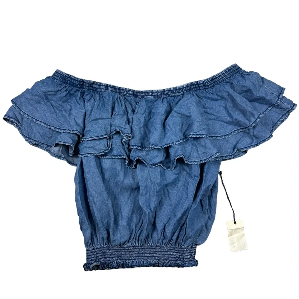 SNEAK PEEK: NWT Denim Ruffled Off-Shoulder Crop Top -Size Large